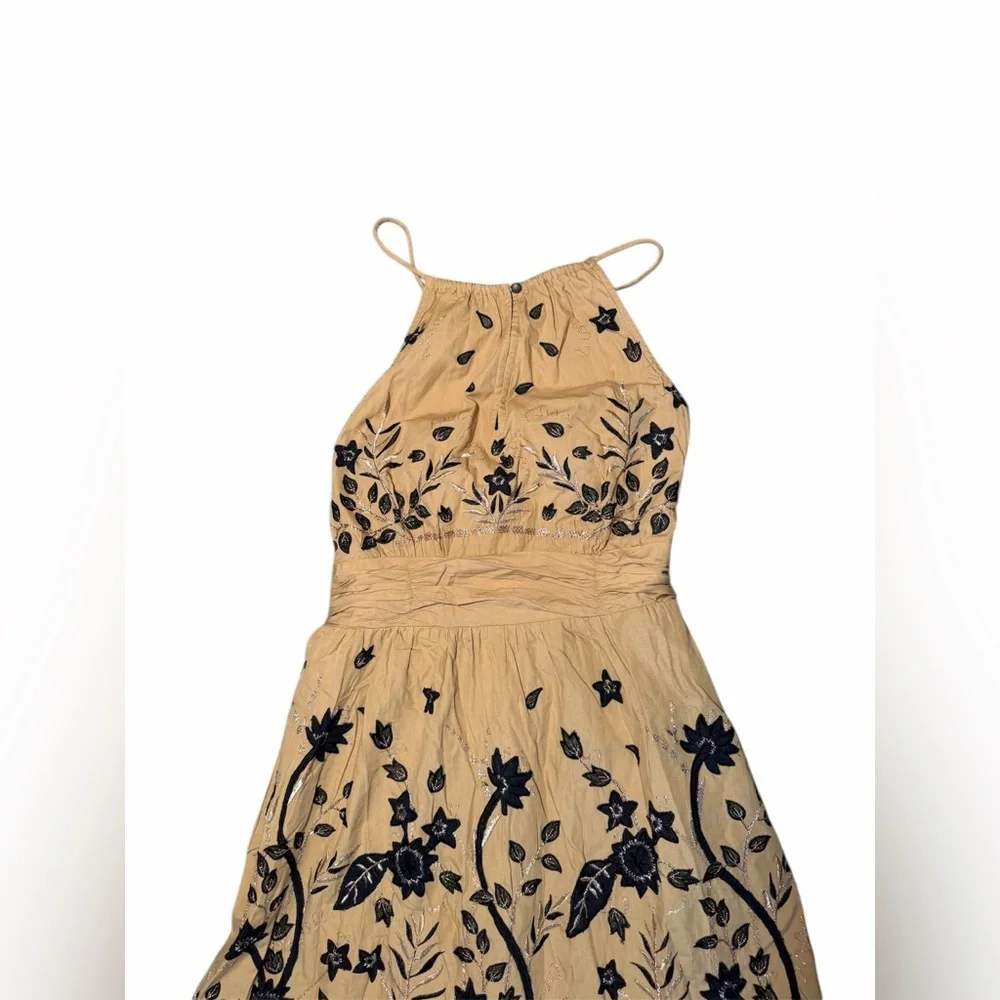 Anthropologie Maeve Tie Back Embroidered Halter Maxi Dress Honey Black Floral 4 - Picture 4 of 7